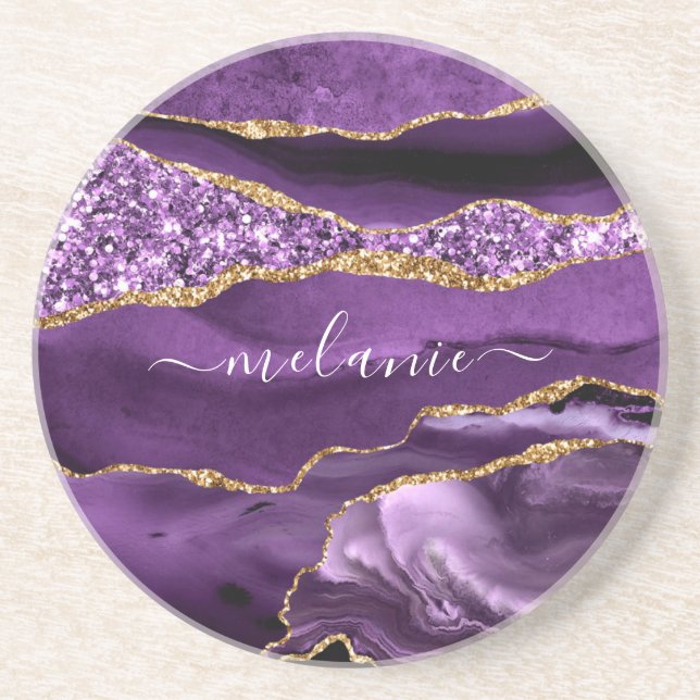 Agate Purple Gold Glitter Cusrom Your Name Coaster (Front)