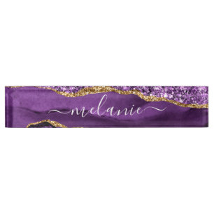 Agate Purple Gold Glitter Custom Desk Name Plate