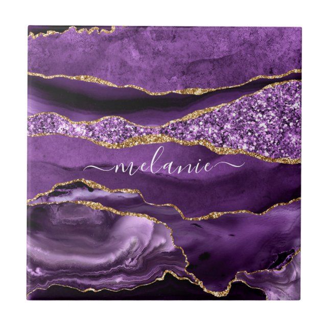 Agate Purple Gold Glitter Custom Name Ceramic Tile (Front)