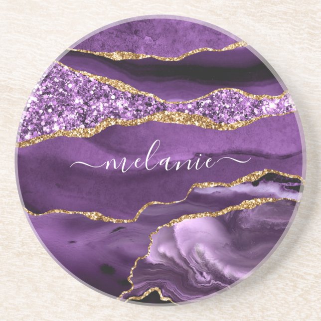 Agate Purple Gold Glitter Custom Name Coaster (Front)