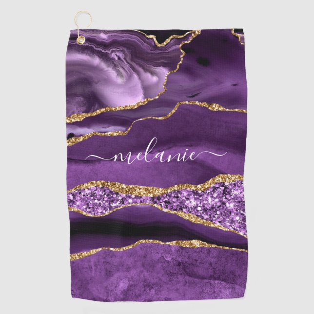 Agate Purple Gold Glitter Custom Name Golf Towel (Front)