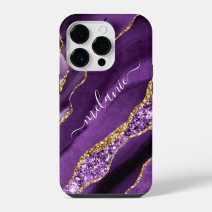 Agate Purple Gold Glitter Custom Name iPhone 14 Pro Case