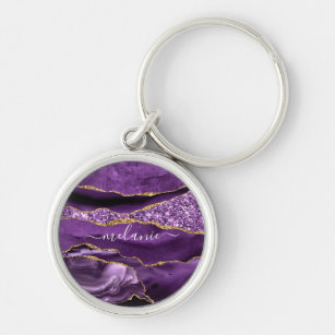 Agate Purple Gold Glitter Custom Name Keychain