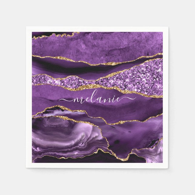 Agate Purple Gold Glitter Custom Name Napkins (Front)