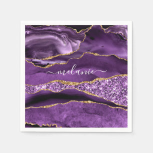 Agate Purple Gold Glitter Custom Name Napkins