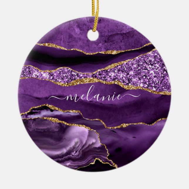 Agate Purple Gold Glitter Custom Name Ornament (Front)