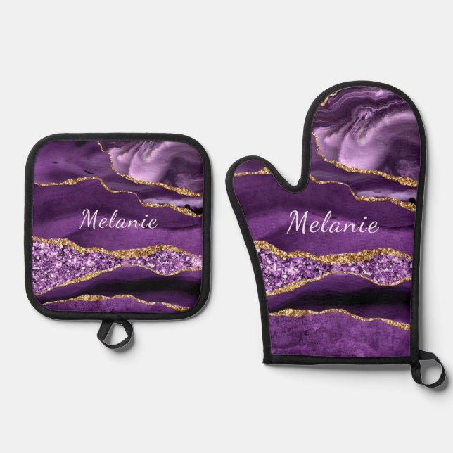 Agate Purple Gold Glitter Custom Name Personalised Oven Mitt & Pot Holder Set (Front)