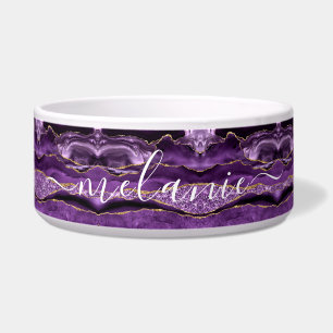Agate Purple Gold Glitter Custom Name Pet Bowl