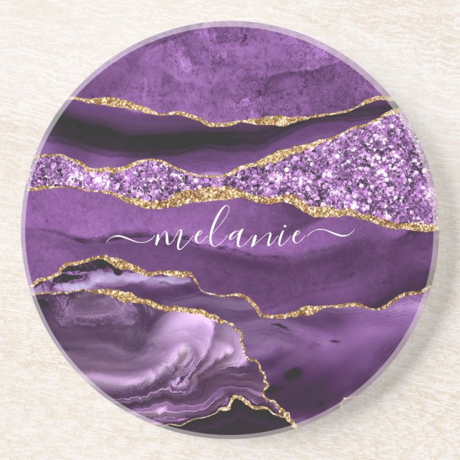 Agate Purple Gold Glitter Geode Your Name Coaster (Front)