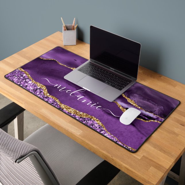 Agate Purple Gold Glitter Marble Custom Name Desk Mat (Office 2)