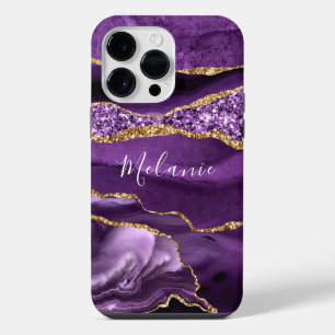 Agate Purple Gold Glitter Marble Custom Name iPhone 14 Pro Max Case