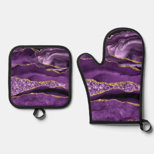 Agate Purple Gold Glitter Marble Oven Mitt & Pot Holder Set