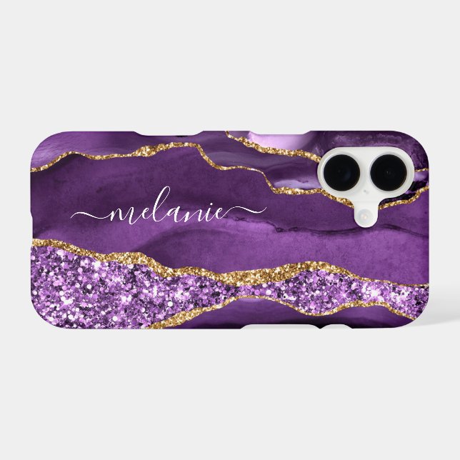 Agate Purple Gold Glitter Sparkle Marble Your Name (Back (Horizontal))