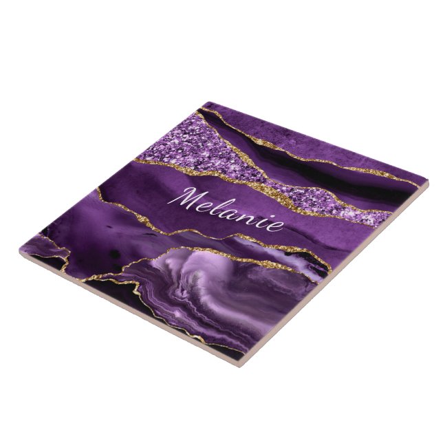 Agate Purple Gold Glitter Your Name Ceramic Tile (Side)