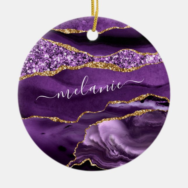 Agate Purple Gold Glitter Your Name Ornament Gift (Front)