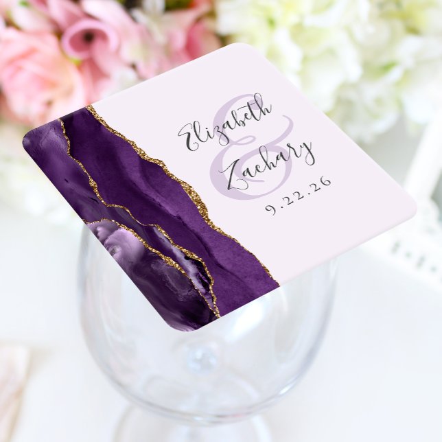 Agate Purple Gold Lavender Wedding Square Paper Coaster (Creator Uploaded)