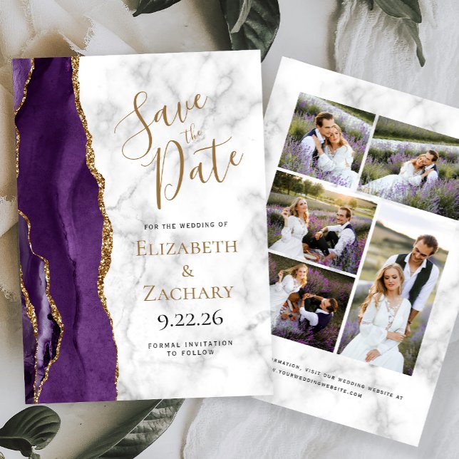 Agate Purple Gold Marble 5-Photo Save the Date Invitation (Creator Uploaded)