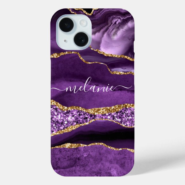 Agate Purple Gold Marble Custom Name iPhone Case (Back)