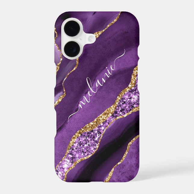 Agate Purple Gold Marble Custom Name iPhone Case (Back)
