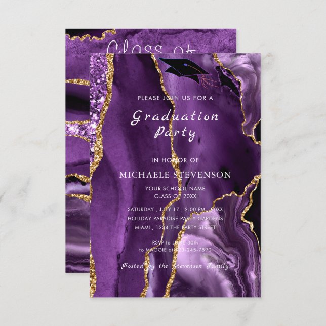 Agate Purple Gold Marble Graduation Invitation (Front/Back)