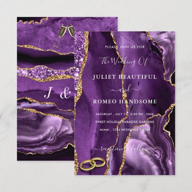 Agate Purple Gold Marble Wedding Invitation (Front/Back)