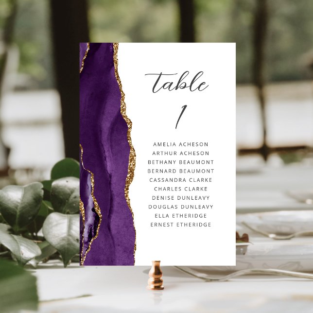 Agate Purple Gold Modern Script Wedding Table Number (Creator Uploaded)