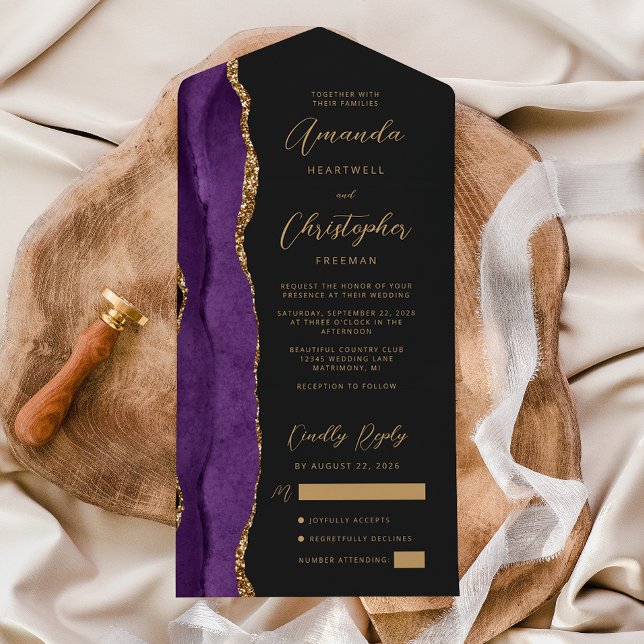 Agate Purple Gold Script Dark Wedding All In One Invitation (Creator Uploaded)