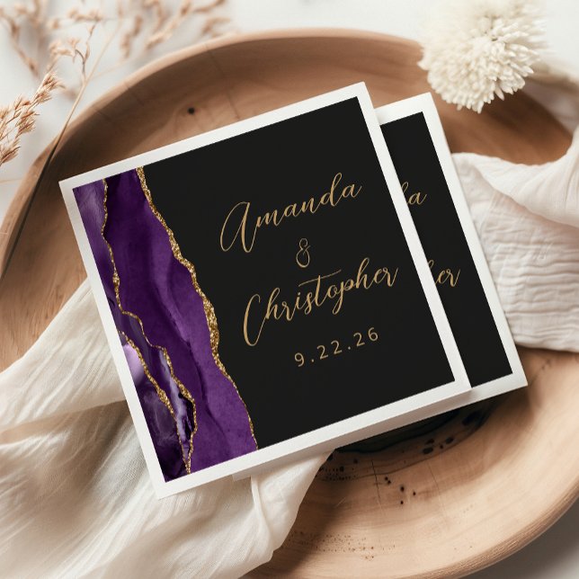 Agate Purple Gold Script Dark Wedding Napkin (Creator Uploaded)