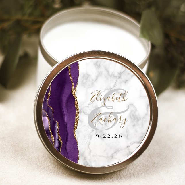 Agate Purple Gold Script Marble Wedding Classic Round Sticker (Creator Uploaded)