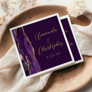 Agate Purple Gold Script Plum Wedding Napkin
