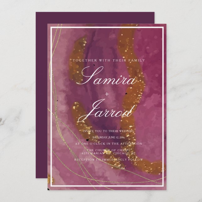 Agate Purple Mustard Watercolor Faux Gold Wedding Invitation (Front/Back)
