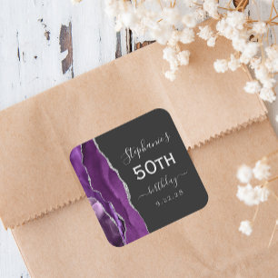 Agate Purple Silver Dark 50th Birthday Square Sticker