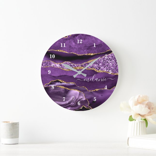 Agate Purple Violet Gold Glitter Clock Your Name  (Home)