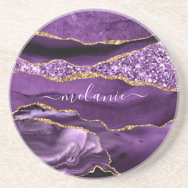 Agate Purple Violet Gold Glitter Coaster Your Name (Front)