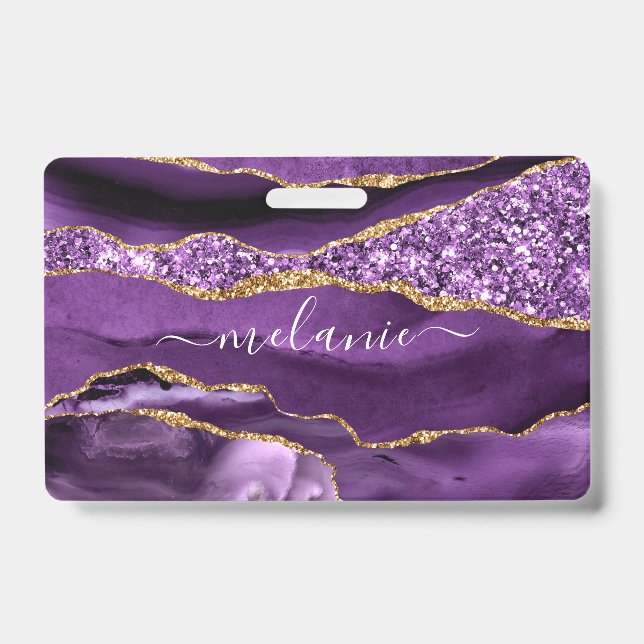 Agate Purple Violet Gold Glitter Custom Name Badge ID Badge (Front)