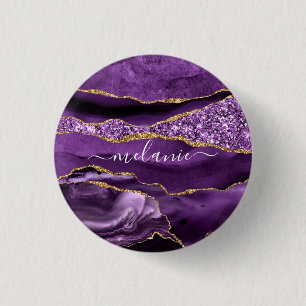 Agate Purple Violet Gold Glitter Geode Custom Name 3 Cm Round Badge