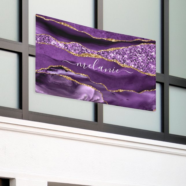 Agate Purple Violet Gold Glitter Geode Custom Name Banner (Outside Building)