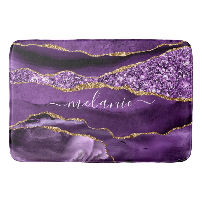 Agate Purple Violet Gold Glitter Geode Custom Name Bath Mat (Front)
