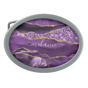 Agate Purple Violet Gold Glitter Geode Custom Name Belt Buckle
