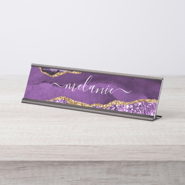 Agate Purple Violet Gold Glitter Geode Custom Name Desk Name Plate (Front)