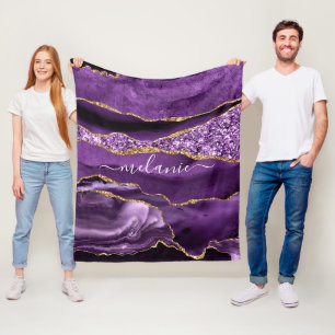 Agate Purple Violet Gold Glitter Geode Custom Name Fleece Blanket