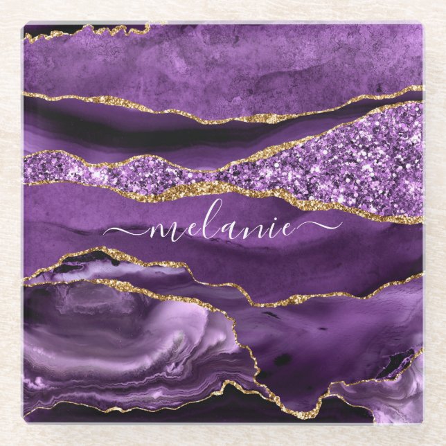 Agate Purple Violet Gold Glitter Geode Custom Name Glass Coaster (Front)