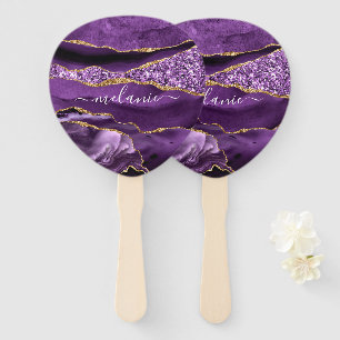 Agate Purple Violet Gold Glitter Geode Custom Name Hand Fan