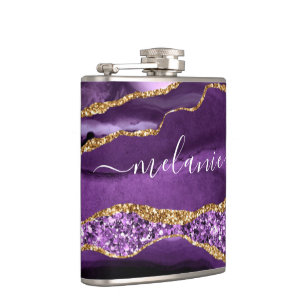 Agate Purple Violet Gold Glitter Geode Custom Name Hip Flask
