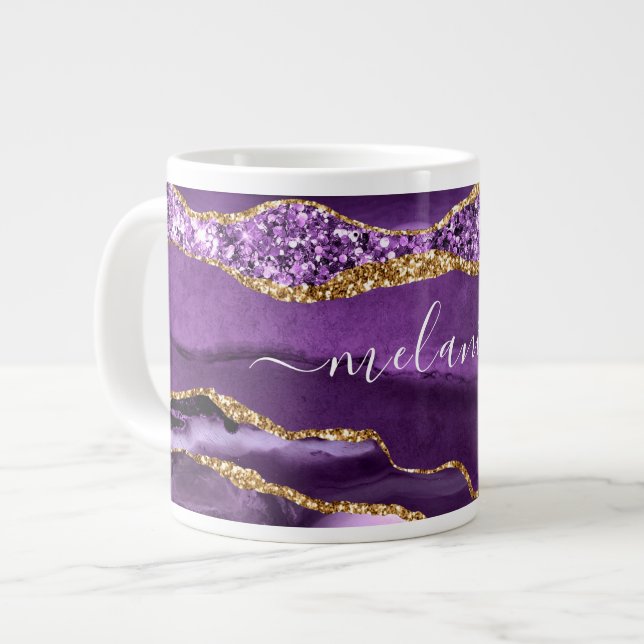 Agate Purple Violet Gold Glitter Geode Custom Name Large Coffee Mug (Front Left)