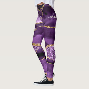 Agate Purple Violet Gold Glitter Geode Custom Name Leggings