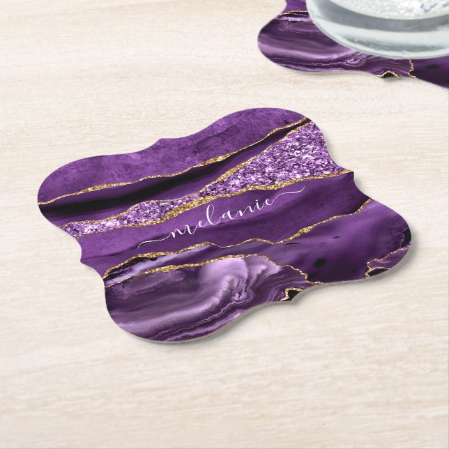 Agate Purple Violet Gold Glitter Geode Custom Name Paper Coaster (Angled)