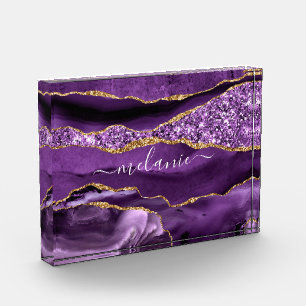 Agate Purple Violet Gold Glitter Geode Custom Name Photo Block
