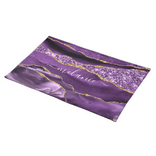 Agate Purple Violet Gold Glitter Geode Custom Name Placemat