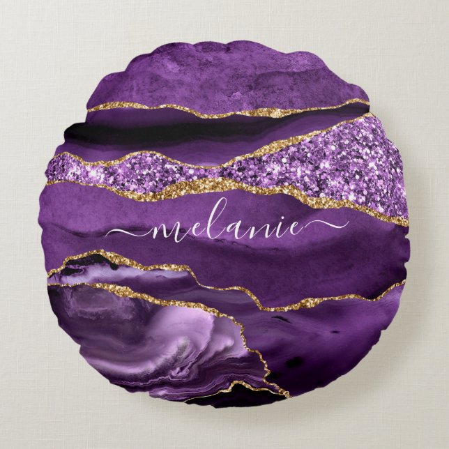 Agate Purple Violet Gold Glitter Geode Custom Name Round Cushion (Front)